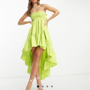 Lime green asos cotton ruched bandeau high low midi dress